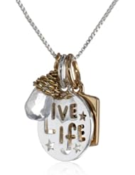 Two-Tone Sterling Silver with Yellow Gold Flashed "Live Life" and "Laugh" Charm Necklace with Crystal, 18"