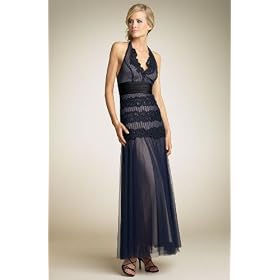 BCBG NAVY TULLE LACE BAND LONG HALTER DRESS NEW 0