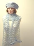 S305, Hand Crocheted Light Blue Rayon Cotton Gimp 12 Inches By 92 Inches Scarf for Women and Teens with Matching Beret Cap