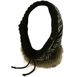 Faux Fur Hoodie Pullover Headscarf Knit Loop Neckwarmer Scarf Ski Hat Black with Gray