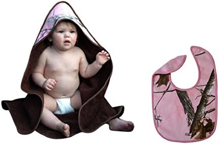 Realtree Pink Hooded Baby Towel + Bib 2PC Set (Brown Towel + Realtree Pink Accent, BABY Camo Corner Towel + Bib)