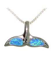 Sterling Silver Created Blue Opal Whale Tail Pendant with 18 Inch Box Chain Necklace
