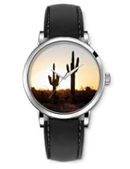 SPRAWL Aanalog Fashion Series Silver Ladies Watches of Genuine Black Leather Strap,Unique Wrist Watch for Women Girls Designed with Cactus in sunset