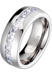 Titanium Princess Cut Cubic Zirconia Channel Set High Polish Men Comfort Fit Wedding Band 8mm SPJ