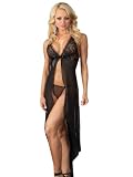 Sexy Long Sheer Black Halter Gown Nightgown Set with Matching Thong Floral Lace and Chiffon S M or L