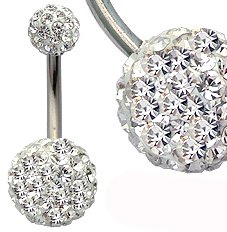 Piercing nombril en cristal Swarovski transparent - Acier Titane grade 23 - 1.6mm x 10mm x boule en cristal de 6mm