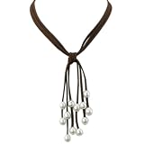 Brown Triple Strand Cascading White 9-10mm Cultured Pearls Suede Necklace