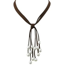 Brown Triple Strand Suede Necklace with Cascading White 9-10mm Cultured Pearls