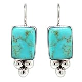 Sterling Silver Turquoise Inlay Rectangle Drop Earrings with Beads