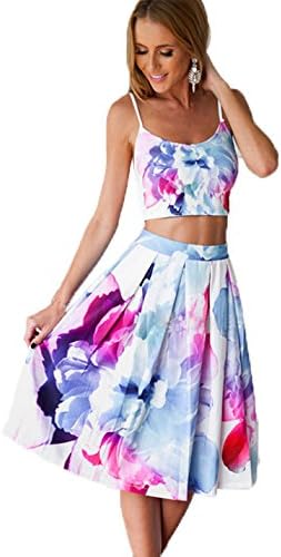 Livzhao Floral Strappy Crop Top Midi Skirt Outfit Flare Pleated Party Dress White L
