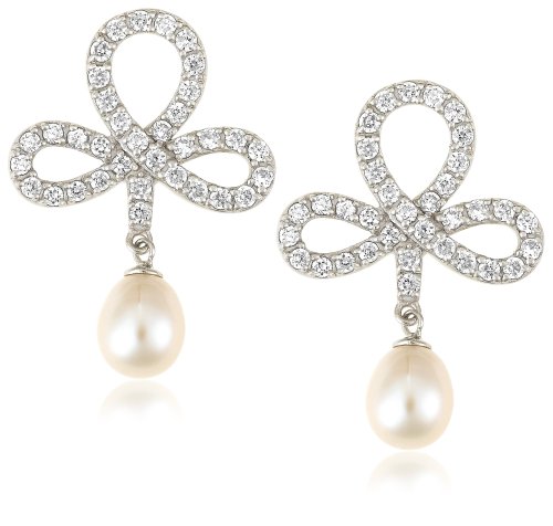 Sterling Silver White Freshwater Cultured Pearl and Cubic Zirconia Post Earrings