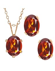 2.50 Ct Oval Orange Red Madeira Citrine Gold Plated Silver Pendant Earrings Set