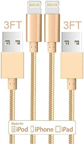 Winky(TM) 3.4 Ft Nylon Braided Strengthen Anti-interference Lighting to USB Sync Cable Charger Cord for iPhone 6s Plus, 6s,6, 5, iPad, iPod Lifetime Guarantee (2-Pack Gold)