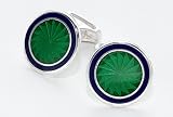 Handmade sterling silver cufflinks with medium green and cobalt blue hand enameling with presentation box. Crafted in England
