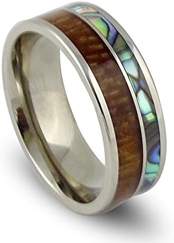 Titanium Ring Inlaid with Natural Koa Wood & Abalone Shell | 8 mm Wide | Wedding-Engagement-Promise Ring
