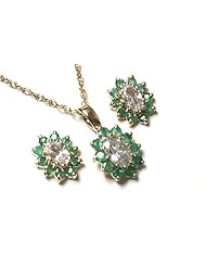 Peninsula Jewellery 9Ct Gold Emerald And Cubic Zirconia Oval Cluster Pendant With Chain And Earrings