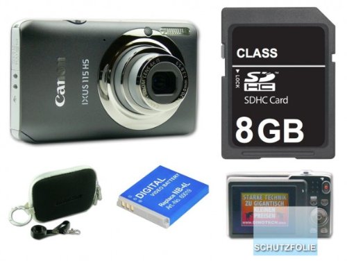 Canon Ixus 115 Grau Digitalkamera, ORIGINALVERPACKT, mit 8 GB SDHC Karte, Tasche, Schutzfolie, 2-tem Fremdhersteller AKKU