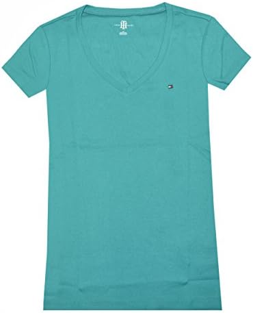 Tommy Hilfiger Slim Fit V-neck Women Logo T-shirt (Large, Light sea green)