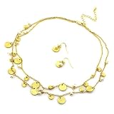 Double Layered Coin Necklace Set; 18L with 2 extension; Matching earrings; Gold metal coins with white pearl beads; 41YMaBKDM6L. SL160 Double Layered Coin Necklace Set; 18L with 2 extension; Matching earrings; Gold metal coins with white pearl beads;