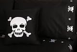 Sin in Linen White Jolly Roger Pirate Skull and Nautical Star Embroidered on Black 100% Cotton Sateen, 300 Thread count, Sheet Set, King
