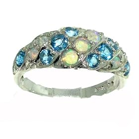 Sterling Silver Ladies Colourful Fiery Opal and Blue Topaz Band Ring by