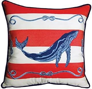 COASTAL NAUTICAL BEACH PILLOWS 20 X 20 Red &amp; White Stripe Knot with Whale Pillow - Outdoor Sunbrella® Beautiful, bold embroidered two-tone navy whale motif on red and white striped indoor/outdoor fabric. Hidden zipper at bottom.
