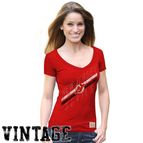 Original Retro Brand New Jersey Devils Ladies Vintage Deep V-neck Premium T-shirt - Red (Medium)