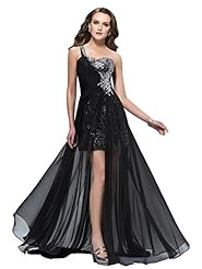 Chiffon One Shoulder  Sequined Beaded High-Low-Hem Sheath  Dress With Rhinestones