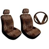 7pc Tan Leopard Low Back Seat Covers with Head Rests, Steering Wheel Cover and Shoulder Pads