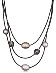 Majorica Black Leather Cord 12mm Baroque 3-Row Necklace