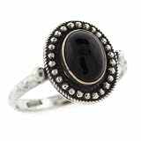 Sterling Silver Genuine Onyx Stone Bali Beaded Oval Ring