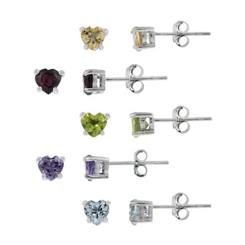 Sterling Silver 5mm Heart-Shaped Genuine Semi Precious Stud Earrings Set