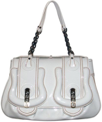 Fendi White Patent Leather Orange Stitching Medium B. Bag 8BN165-UNU-F0PA5