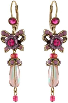 Michal Negrin Dangle Earrings with Hand Painted Roses, Bows and Fuchsia Swarovski Crystals - Victorian Style, Made in Israel