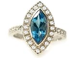 18K White Gold Marquise-Shape Blue Topaz Color-Stone Ring, Set with Diamond Accents.