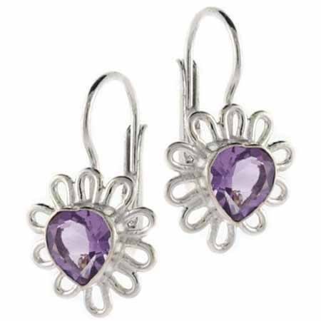 Sterling Silver Genuine Amethyst Stone Flower Heart LeverBack Lever Back Earrings