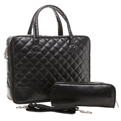 14.1 inch Classic All Black Professional Diamond Quilted Pattern Bubble Foam Padded Laptop Computer Notebook Sleeve Office Tote Briefcase Carry Case Messenger Shoulder Bag