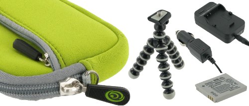 4n1 Combo - Neoprene (Neon Green) Sleeve Case / EN-EL12 AC DC Charger / Battery / Tripod for Nikon Coolpix S630 Digital Camera Ruby Red