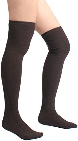 Cotton Cable Knit Over the Knee High Socks (One Size, Brown)