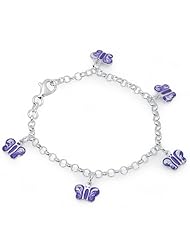 Unicornj Sterling Silver Childrens Bracelet with Butterfly Charms Purple and White