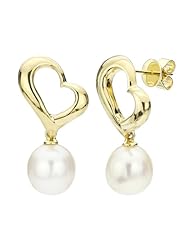 14k Yellow Gold Heart "Love" Shape 9-10mm White Cultured Freshwater Pearl High Luster Stud Earring. Includes Giftbox with Ribbon.