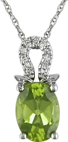 10k White Gold Oval Peridot and Diamond Necklace