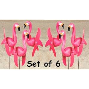 set of 6 whirlygig whirly gig Pink Flamingos spinning Twirling lawn ornament art YARD art STAKES whirling whirly bird spinner wings