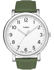 Timex Unisex Classic Style Big White INDIGLO Dial Green Leather Strap Watch T2N476