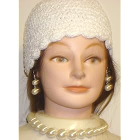 Hand Crocheted White Chenille Gimp Tweed Donna Skull Cap Offered in Combination with Graduated...