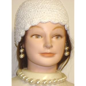 Hand Crocheted White Chenille Gimp Tweed Donna Skull Cap Offered in Combination with Graduated...