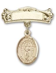 Gold Filled Baby Badge with St. Matthias the Apostle Charm and Arched Polished Badge Pin