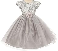 Girls Short Sleeves Polka Dot Print Tea Length Tulle/Velvet Embroidered Lace-Up Junior-Bridesmaid Dress/Pageant Dress  With a Sash 