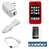 Red Durable Rubber Soft Silicone Skin Cover Case + Premium Clear Durable Reusable LCD Screen Protector + USB Data Cable + USB Car Charger + USB Home Travel Charger for Apple Ipod Touch Itouch 8Gb 16GB 32Gb 2G 2nd Generation