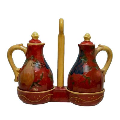 2 PC Cruet Oil and Vinegar Bottle Set Red Orchard Tuscany Decor